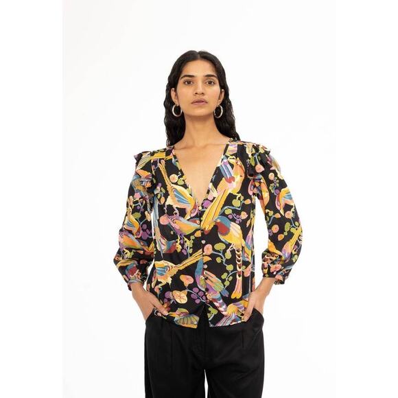 Banjanan Elise Long Sleeve Top Blouse Jet Black Print BFA23TV662 XS Xsmall NEW - Picture 3 of 5